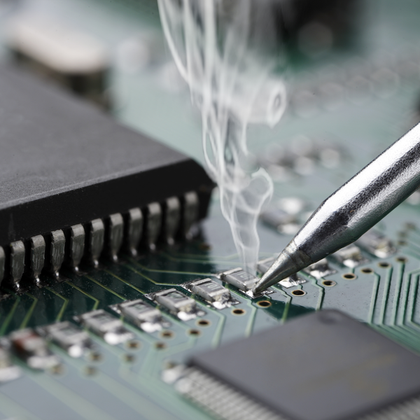 soldering iron soldering a small component onto a green circuit board soldering iron soldering a small component onto a green circuit board